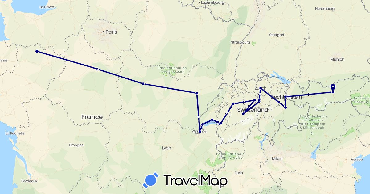 TravelMap itinerary: driving in Austria, Switzerland, France, Liechtenstein (Europe)