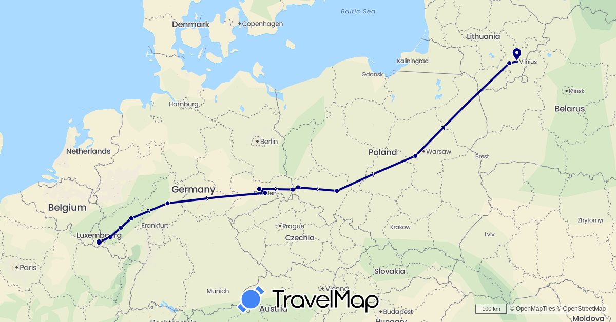 TravelMap itinerary: driving in Germany, Lithuania, Luxembourg, Poland (Europe)