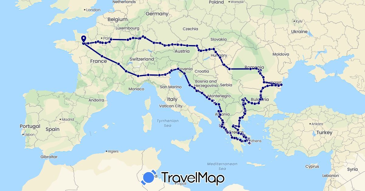 TravelMap itinerary: driving in Albania, Austria, Bulgaria, Germany, France, Greece, Croatia, Hungary, Italy, Montenegro, Romania, Slovakia (Europe)