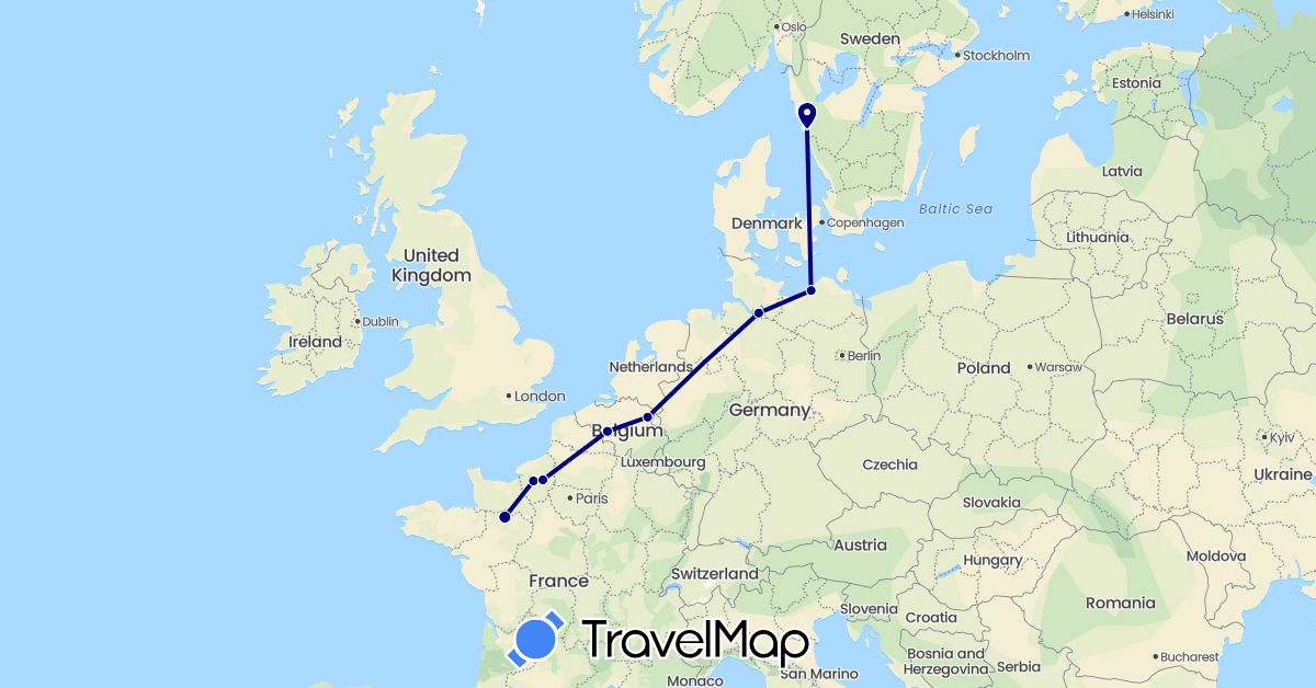 TravelMap itinerary: driving in Belgium, Germany, France, Sweden (Europe)
