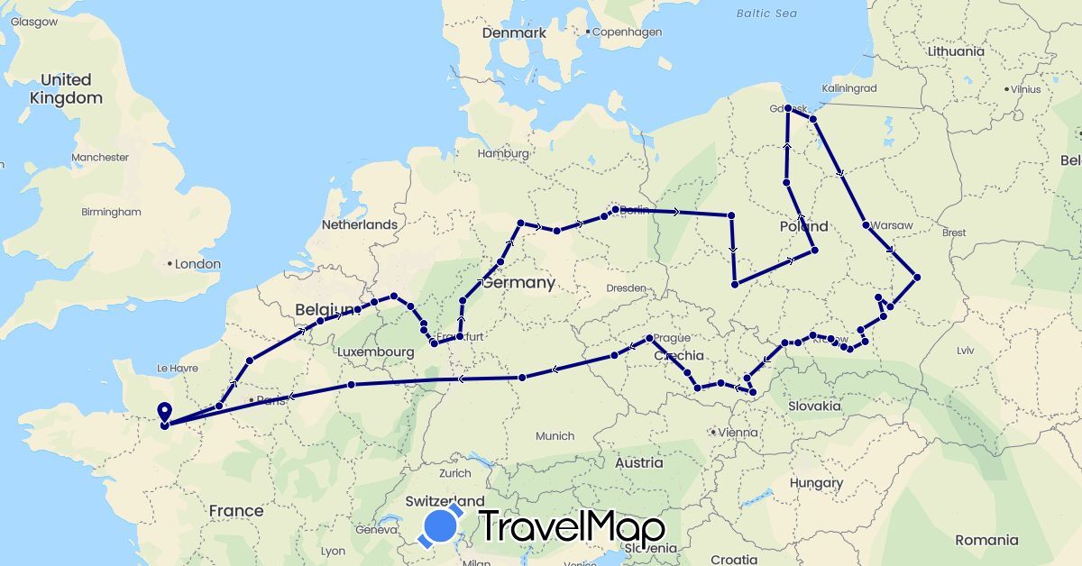 TravelMap itinerary: driving in Belgium, Czech Republic, Germany, France, Poland (Europe)