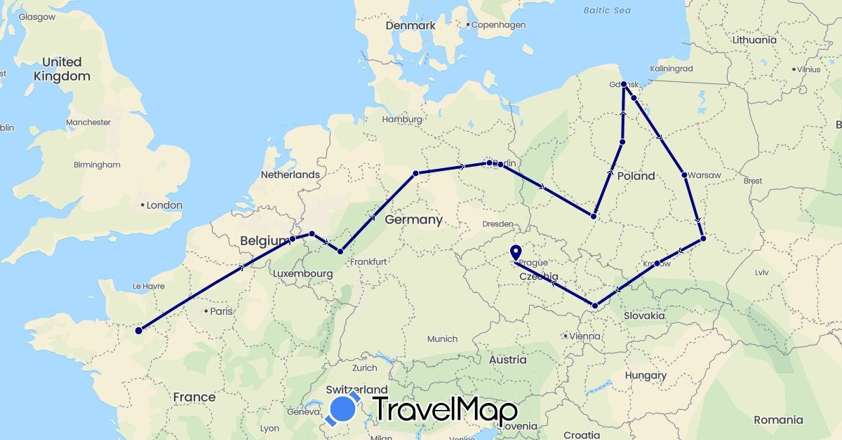 TravelMap itinerary: driving in Belgium, Czech Republic, Germany, France, Poland (Europe)